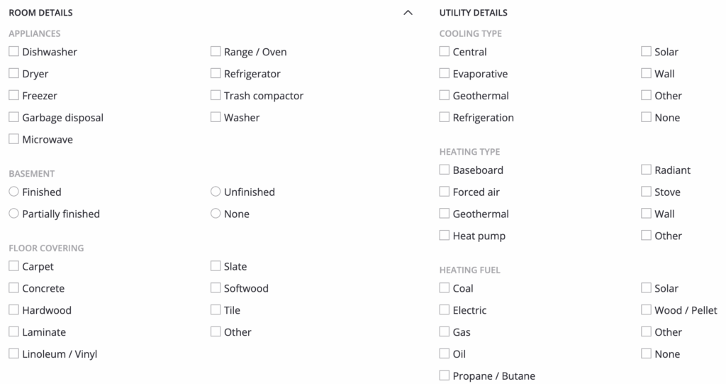 Zillow's listing page for additional home details, with check boxes for appliances, flooring, utilities, and more.