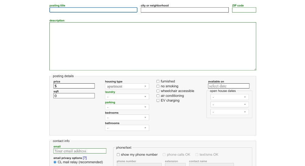 Craigslist form that you'll need to fill out to sell your house on Craigslist