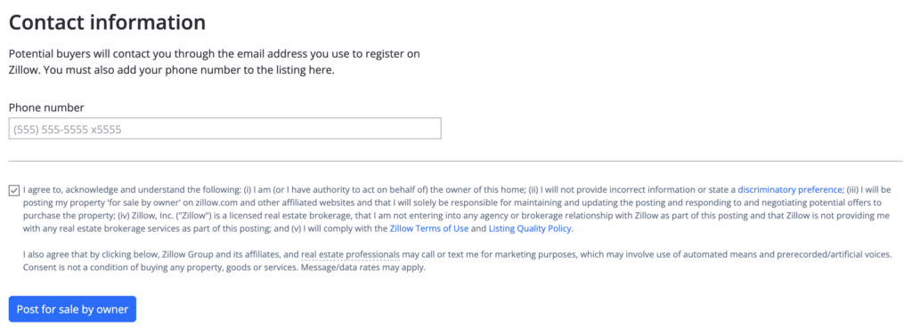 Zillow page with field for contact info and a "Post for sale by owner" button