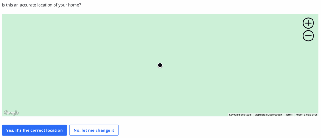 Zillow address confirmation page with Google map