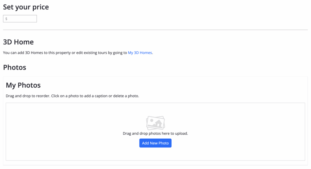 FSBO Zillow page to set a listing price, add a 3D home tours, and add photos