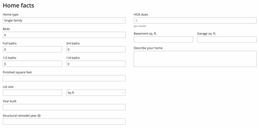 Zillow's home facts page, with fields for home type, beds, baths, square feet, and other details